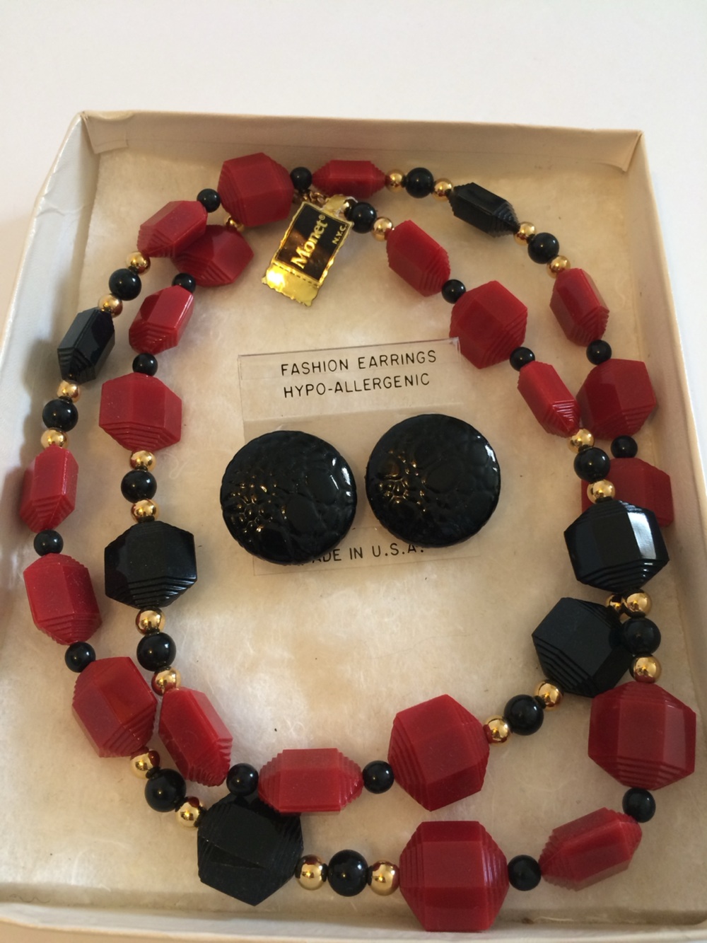 Monet Red, Black & Gold Beaded Necklace with Black Button Clip Earrings